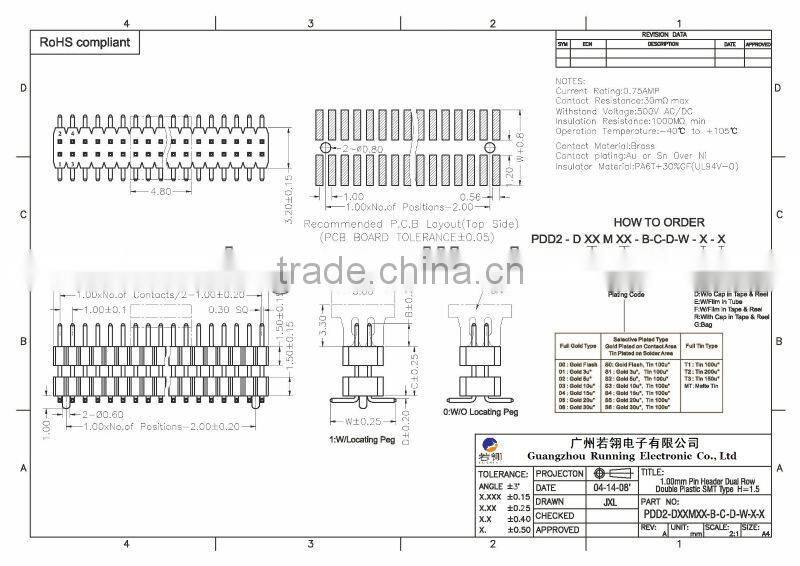 1.0mm Pitch Double Row Double Insulator Pin Header SMT Type Insulator Height=1.5