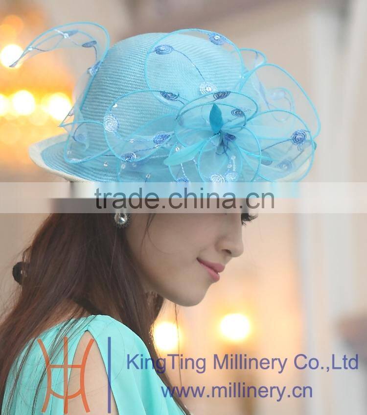 Womens Fancy Straw Hats Elegant Church Hat With Organza Flowers Trimming Onside