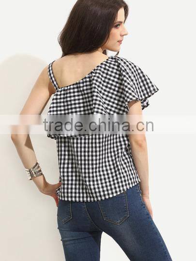 Blouses latest fashion design women clothing Black and White Gingham Ruffle One Sleeve Blouse