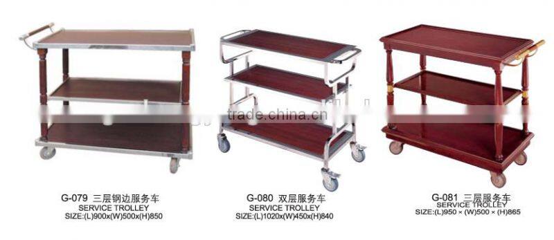 3 Layer Hotel Wood Food Service Handle Cart with Wheels/Coffee & Beverage Trolley