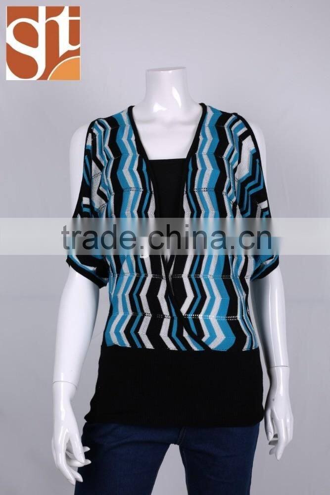 Creative products womens' V neck dolman sleeve loose pullover knitted sweater with stripes &pointell