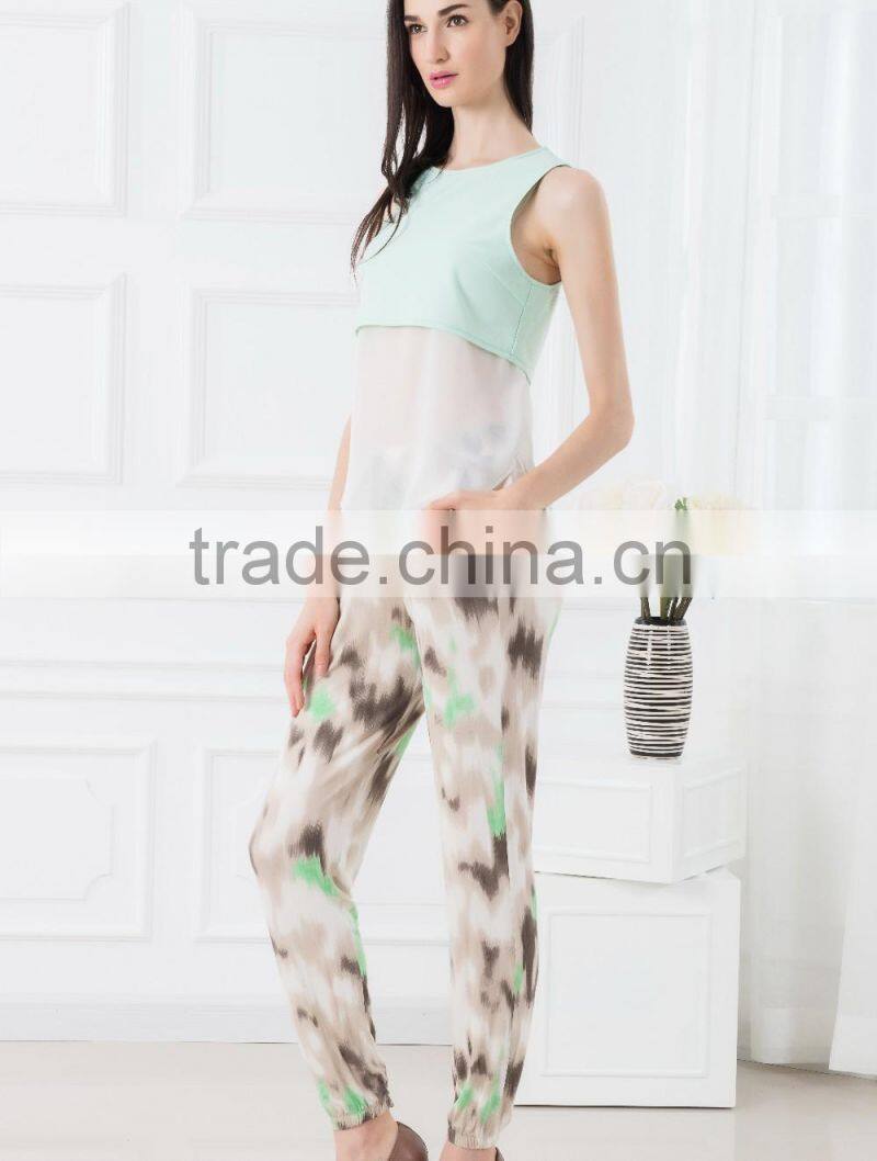 NEW ARRIVAL summer tank top 2016 green and white see through shirt for woman chiffon fabric cheap price