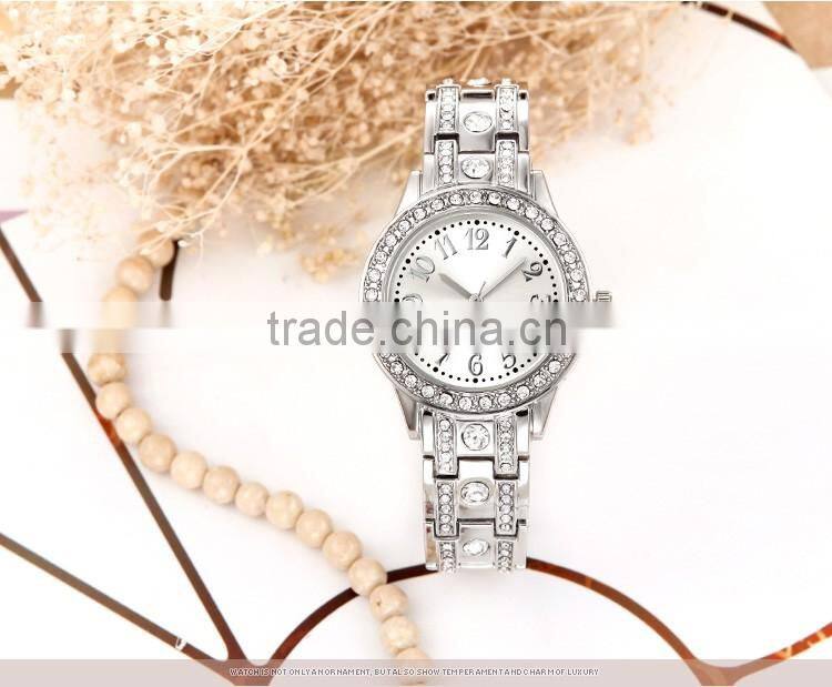 Custom sales alloy promotional wrist watch PC21S movement silver watch With bright stone on the case