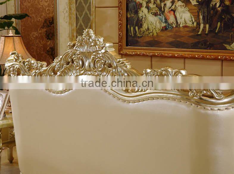 Graceful new classic living room sofa solid wood carving champagne goldfoil genuine leather sofa set