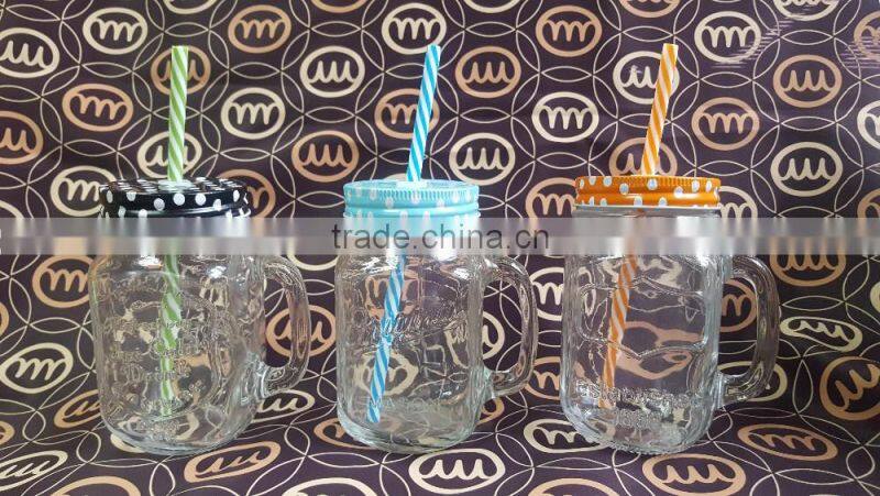 500ml Clear logo drinking glass mason jar with handle and metal lids in stock