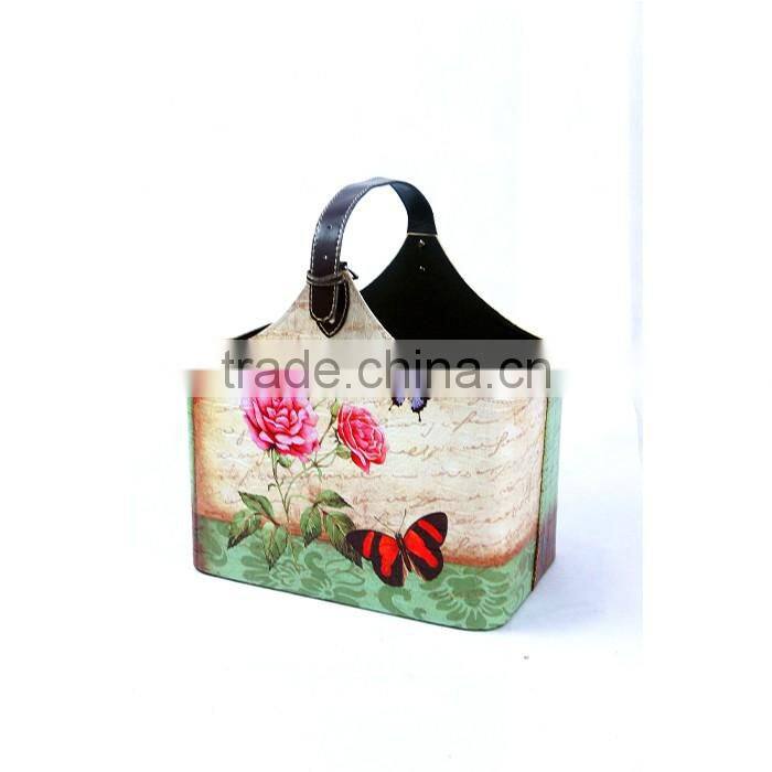 Set Of 2 Faux Leather Magazine Holder Racks Top Handle, Silver Buckles