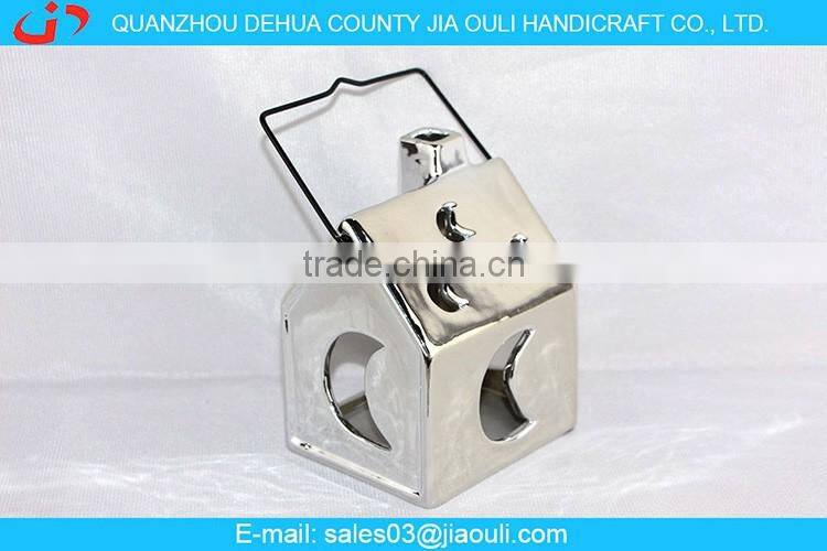 ceramic plating silver house shape small hurricane lamp, candle lantern