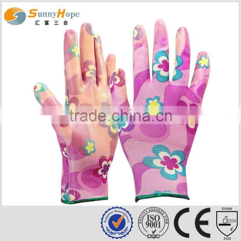 Sunnyhope colored pattern 13gauge nylon nitrile coated knit gloves