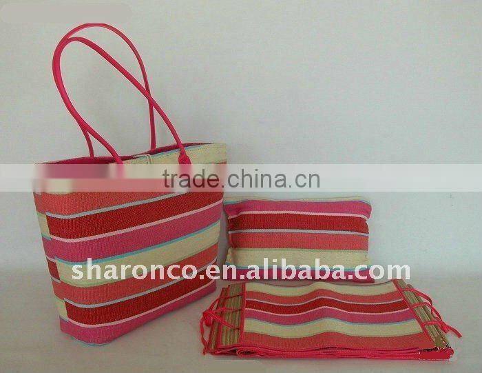Candy strip paper straw fabric beach bag with handle