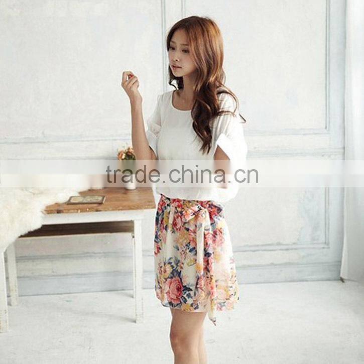 Womens Charming Crewneck Chiffon Short Sleeve Floral Casual Clothing Dress Summer Dress 2016