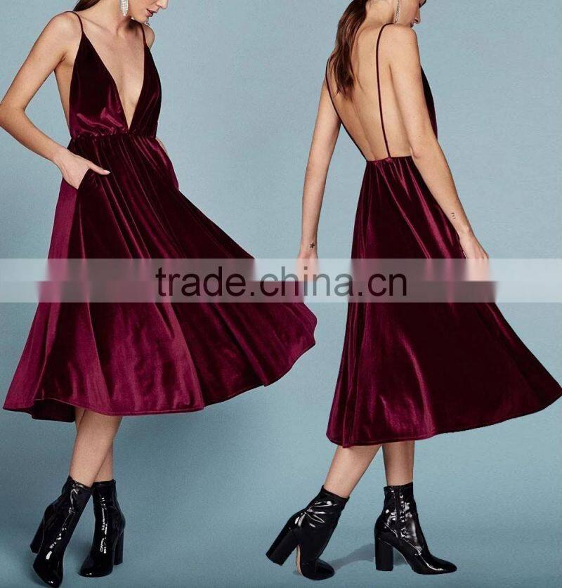 Sexy Low V-neckline Velvet Fabric Spaghetti Straps Cocktail Dress With Open Back Evening Party Gown 2016 HSD5799