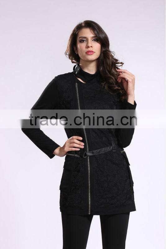 2014 New Arrival Ladies Asymmetrical Zip Long Coat Fashion Design Winter Overcoat