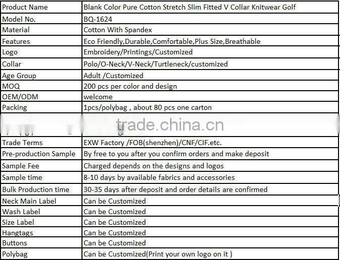 Blank Color Pure Cotton Stretch Slim Fitted V Collar Knitwear Golf