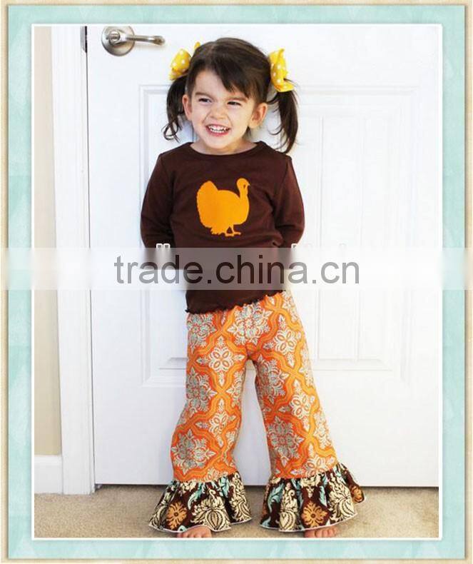 Little Girl Thanksgiving Outfit Ruffled Pants T-Shirt Brown Long Sleeve Terkey Floral Ruffle Pants Boutique Outfit Set