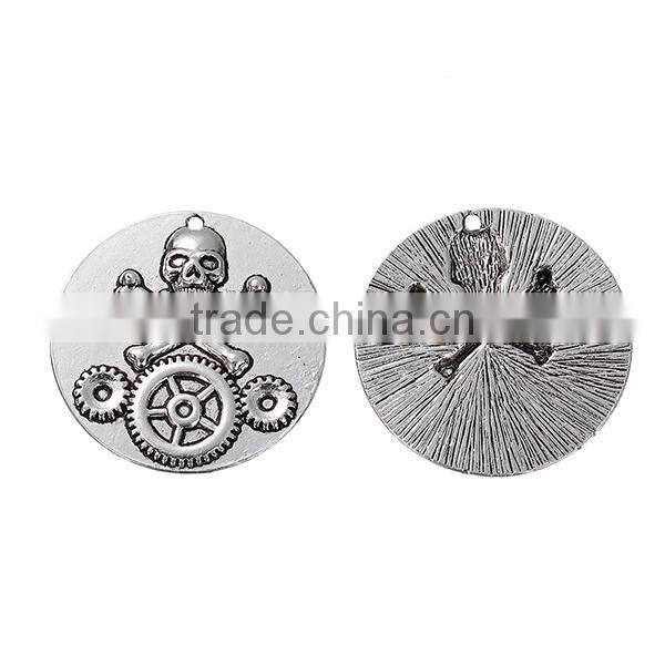 Zinc Based Alloy Steampunk Pendants Round Antique Silver Halloween Skull Gear Carved 39mm Dia