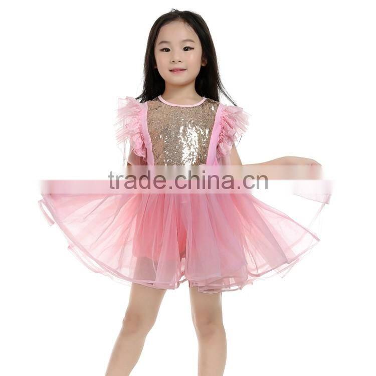 factory wholesale hot seling paillette baby dress,pink lovely kids dress,ruffle sleeve party children dress MC6030301