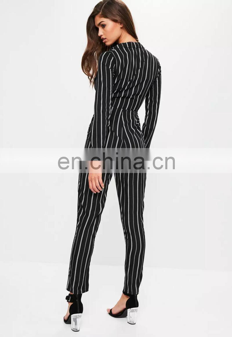 Black Striped Tie Front Shirt Ladies Jumpsuit