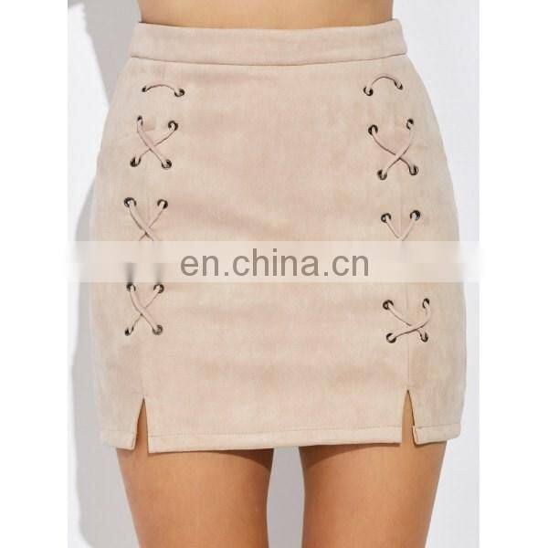 Powersweet High Quality Suede Lace Up fashion Skirt Design Sexy Mini Skirt