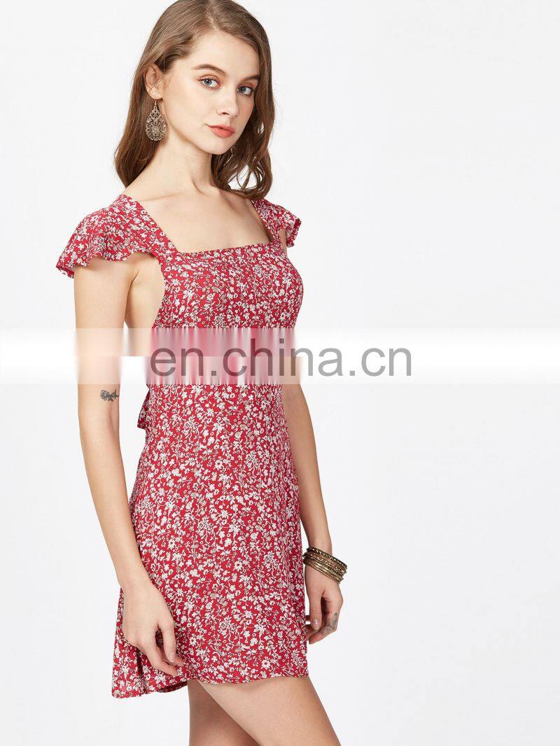 Florals Square Neck Criss Cross Bow Tie Back Beach Dress Sexy Model Hot Photos