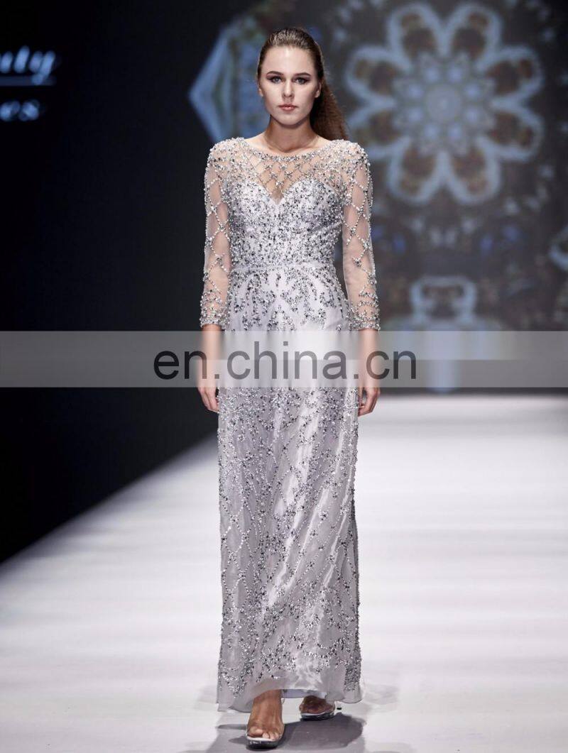 2017 B5343 Silver color halter net fabric beaded evening dresses & wedding dresses