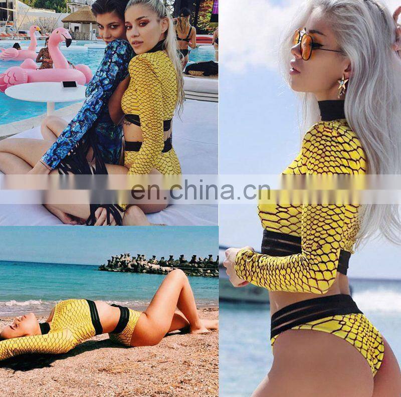 Long Sleeve Two Piece Swimsuit One Shoulder High Waist Bikini Women Push Up Swimwear Beachwear Swim Wear Snake Swimming Suit