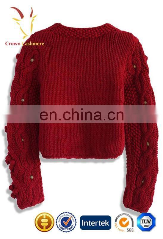 Fashion red chunky sweater women cable knit pullover sweater for ladies