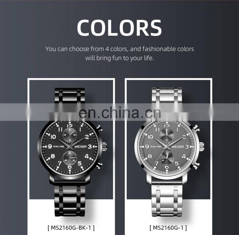 MEGIR 2160G Men Quartz Wristwatch Waterproof Business Multifunctional Stainless Steel Mans Watches