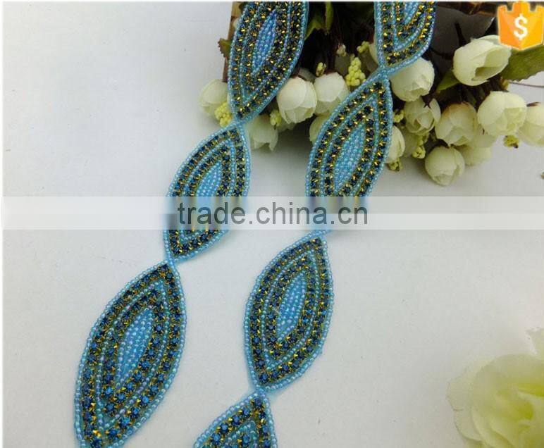 Blue Beaded Rhinestone Crystal Bridal Ribbon Belt Craft Applique