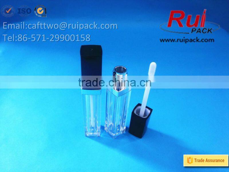 Clear square lip gloss tube with matte black brush cap, transparent square lip cream case