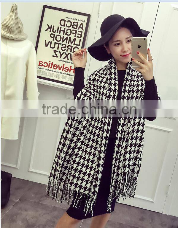 Za Fringed Tassel Houndstooth Jacquard Woven Cashmere Feel Acrylic Scarf