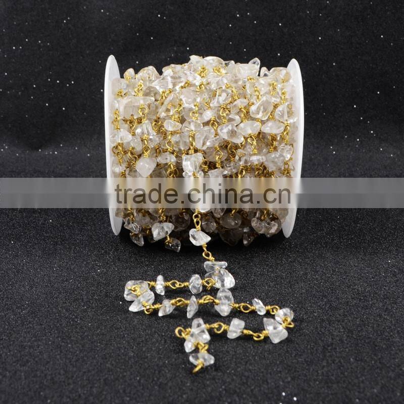 Silver & Gold Plated Clear Quartz Handmade Bead Wire Wrapped Rosary Chain Roll