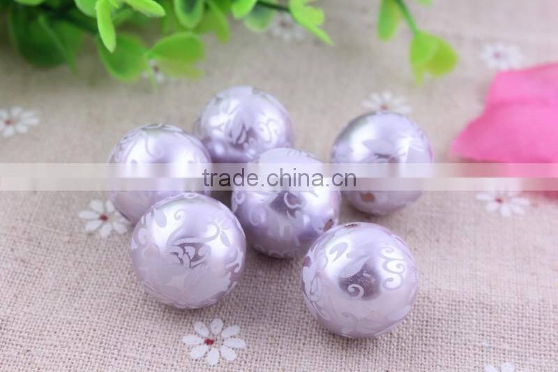 Factory price !!Imitated loose Round Acrylic faux Pearl Beads , Aqua flower Print fake Pearl Beads for party necklace using!!
