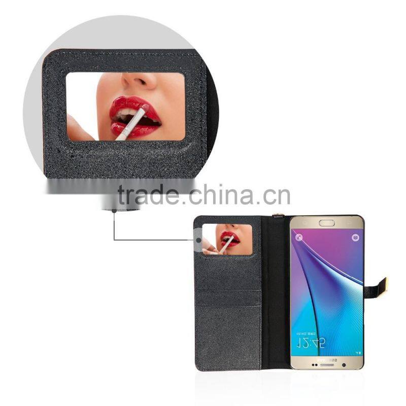 2016 new fashion hand-crafted stand wallet pu case with cosmetic mirror stand wallet case for samsung galaxy note 7