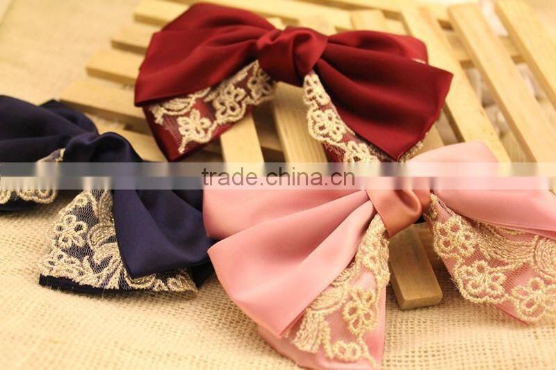 Large three layered satin ribbon bow Clip,Gold Lace bow Flower