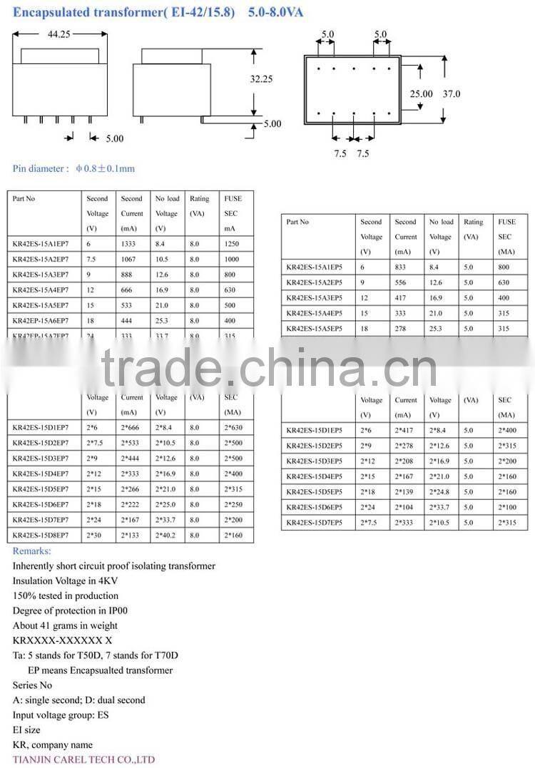 EI42/14.8 Encapsulated Transformer, 120V to 3V Transformer, 480V 12V Power Transformer With CE ROHS UL VDE