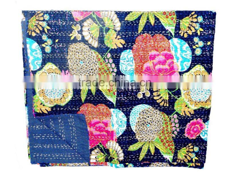 Kantha Bed Covers Online ,Queen Tropicana kantha Quilt In Turquoise Blue