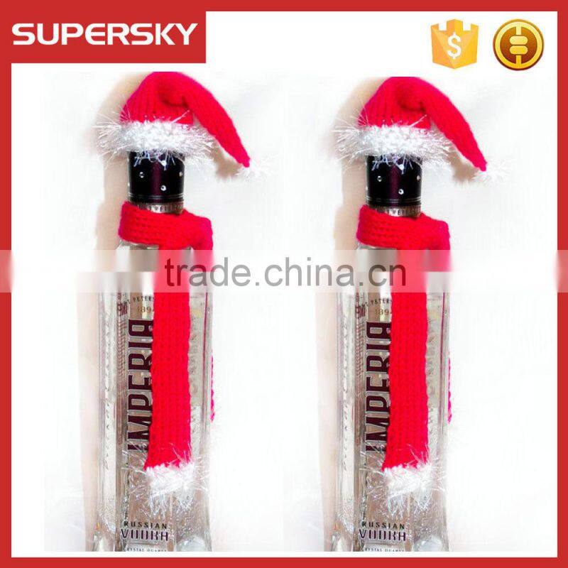 A-827 Knitting Christmas Wine Cozy Toppers Wine Santa Hat and Scarf Set Knitting Christmas Wine Bottle Topper