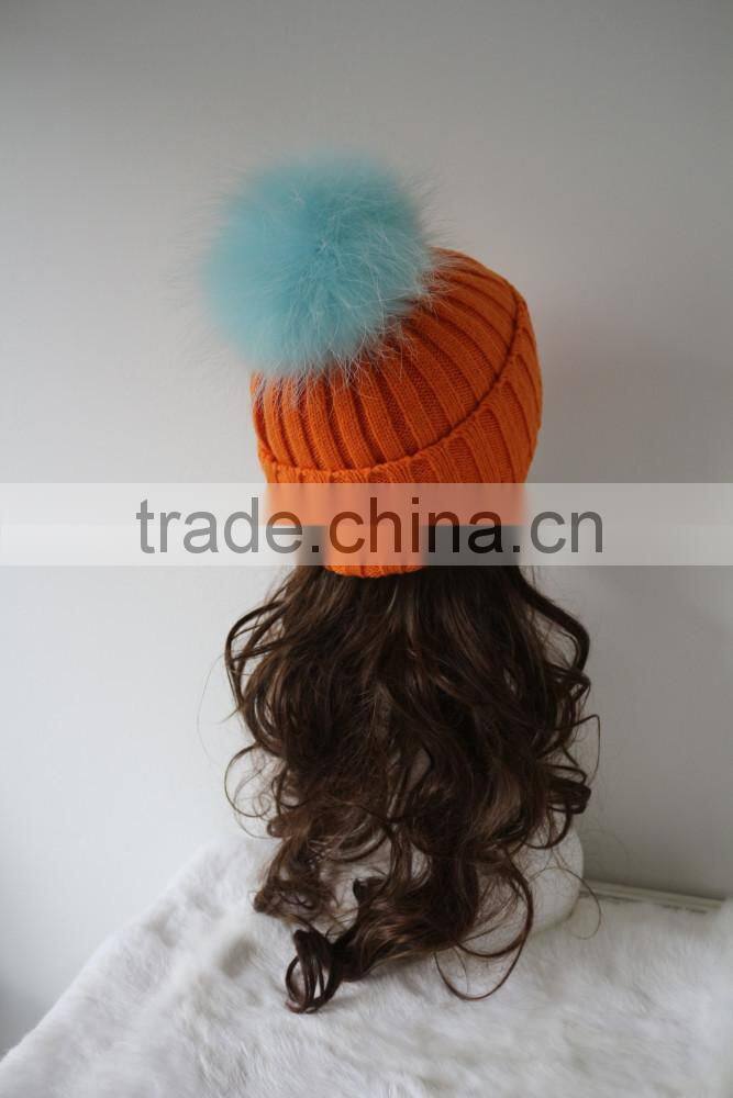 Vintage Design Stylish Baby Blue Raccoon Fur Ball/Pompom Orange Rib Knitted Wool Beanie Cap/Hat