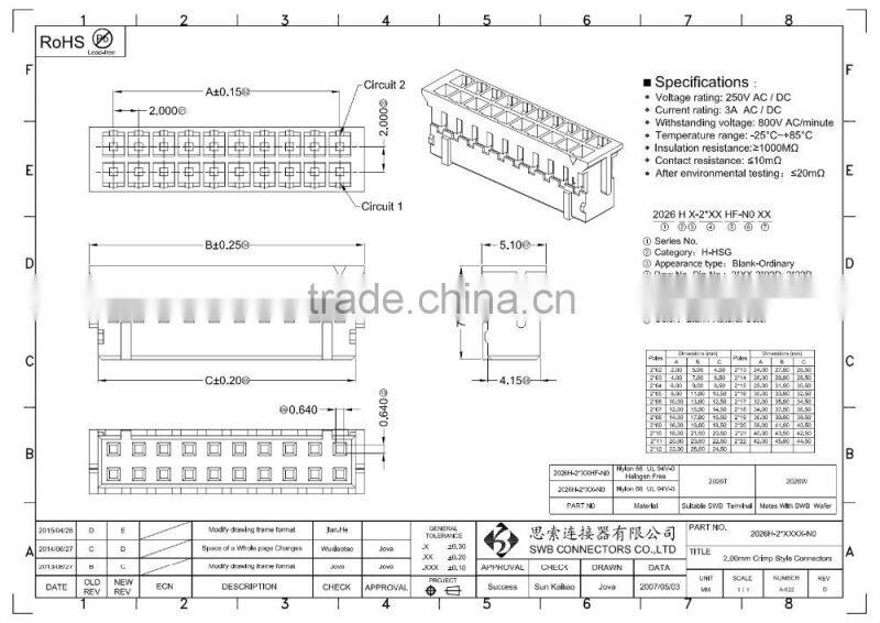 2.00mm Pitch electrical wire to board connectors double row DIP JST replacement