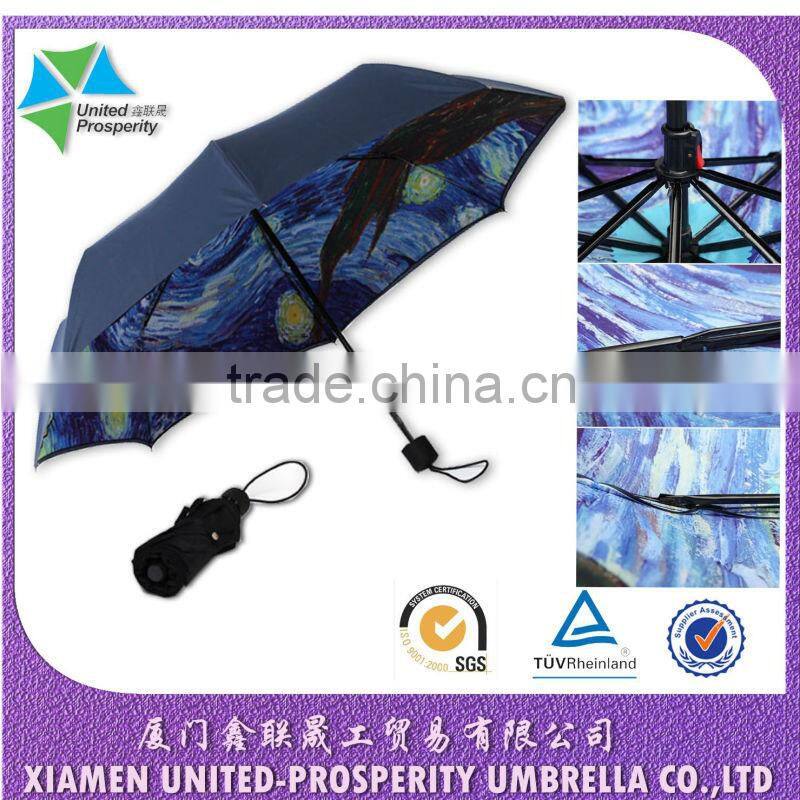 Starry Night double layer artistic safe open 3-fold umbrella