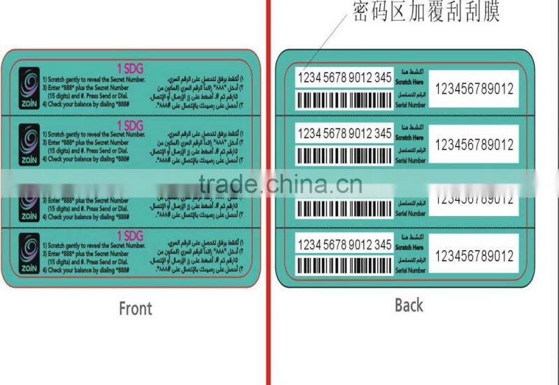 PVC Top up scratch card for mobile phone scratch card