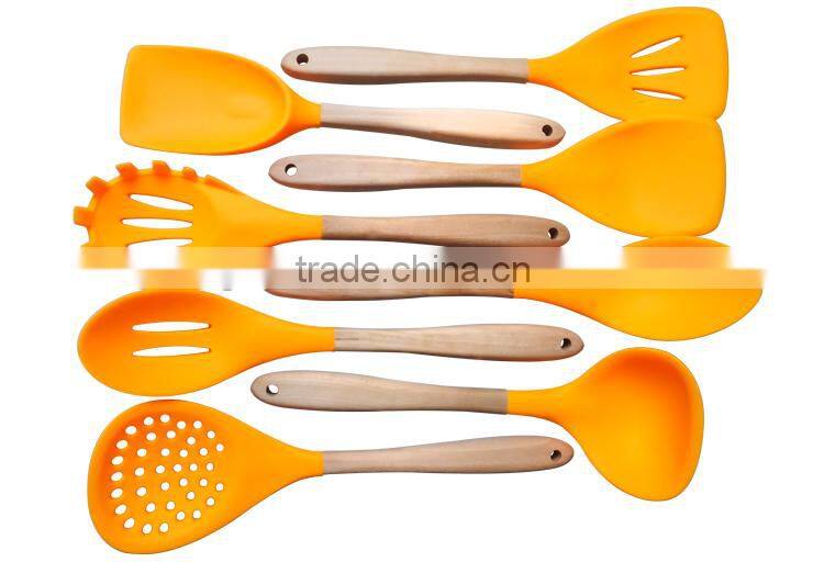 F01-7 silicone slotted spoon, silicone slotted soup spoon with wooden handle