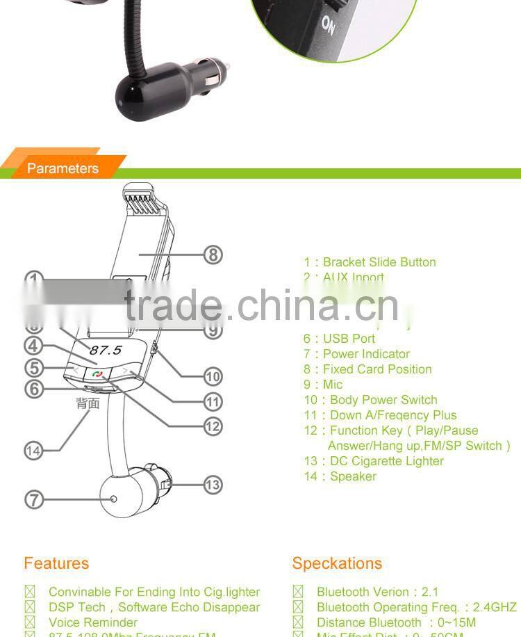 Bluetooth FM Transmitter Car Kit Cellphone Holder GPS and MP3 Player USB Charger