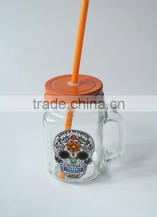 halloween style cold water drinking glass jar with customised decal and straw