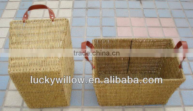 rectangle handmade straw storage basket with PU handle for started hotel