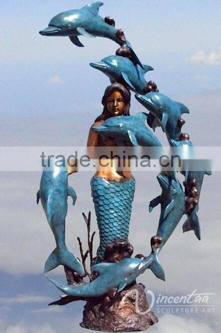 Garden Art Statue Bronze Casting Mermaid with 8 Dolphins Garden Fountain for Hot Sale