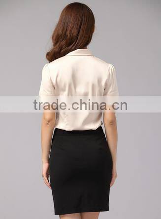 2016 short sleeve women formal blouses uniform silk satin top
