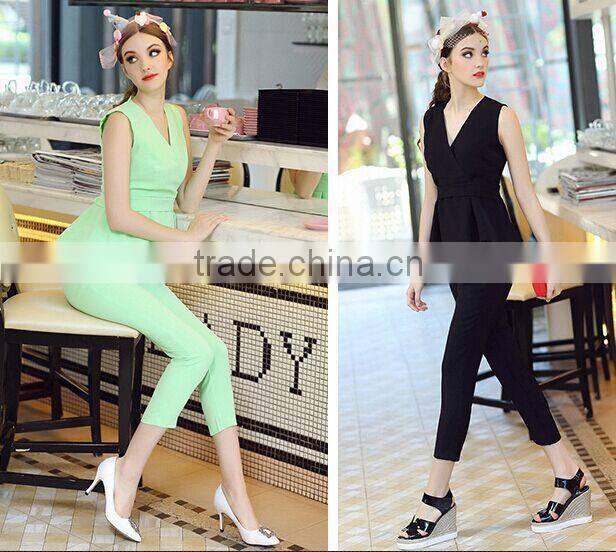 New summer V neck green color ruffled top with slim fitted top and pants suit fashion matching set
