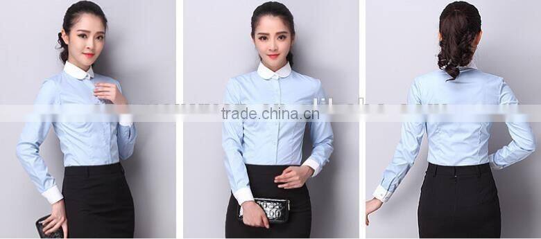 2015 Fashionable collar plain light white and blue lady blouse for women