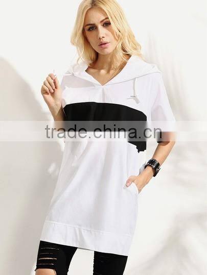 Women's Multi color Contrast Hooded Oversized Short Sleeve Sweatshirt